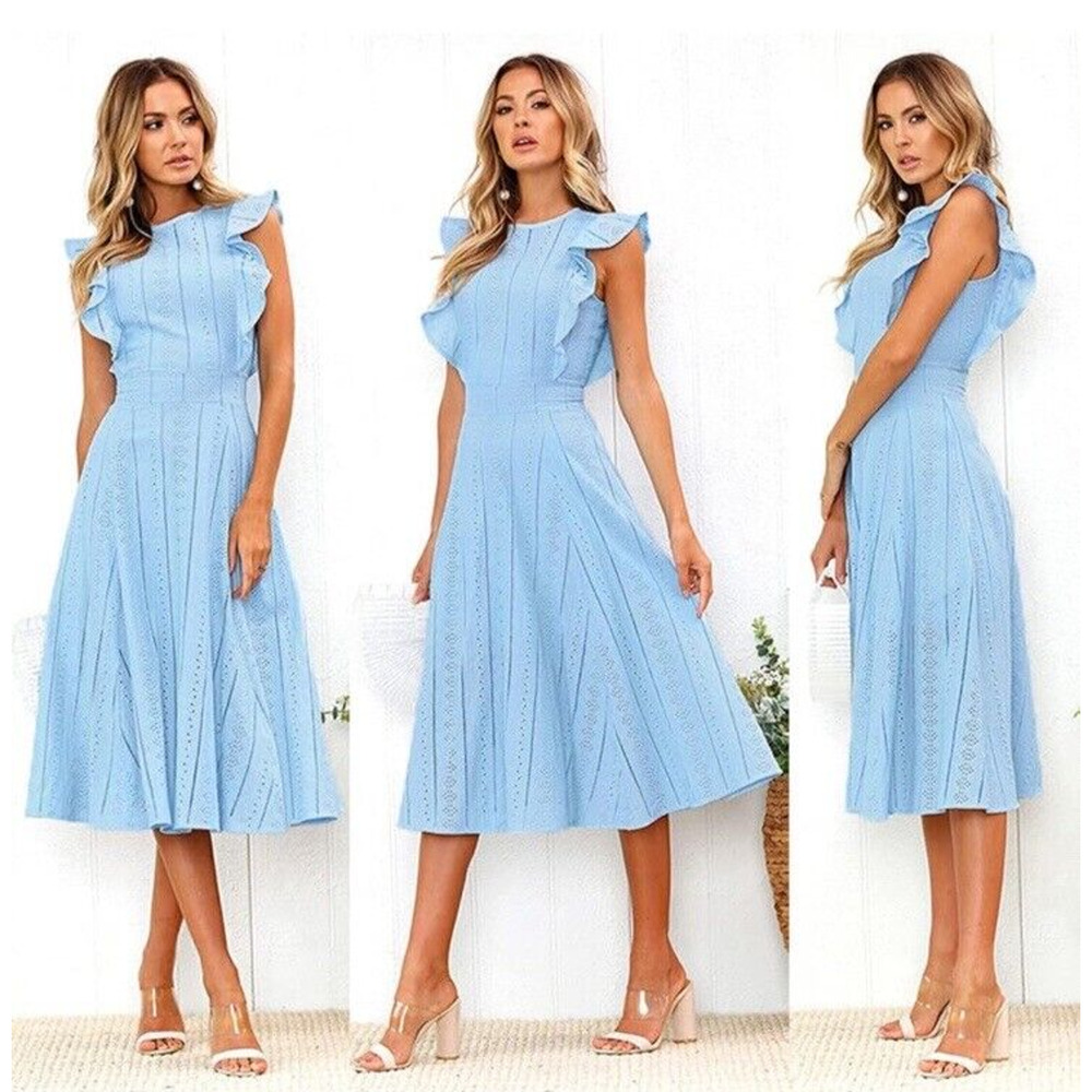 Ecowish Women XL Ruffle‎ Sleeve Embroidered A-Line Midi Dress Blue Career